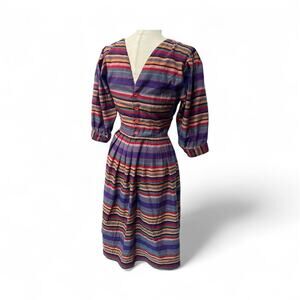 VINTAGE LANZ STRIPE LOW BACK POCKETS BALLOON SLEEVES DRESS SZ M/L